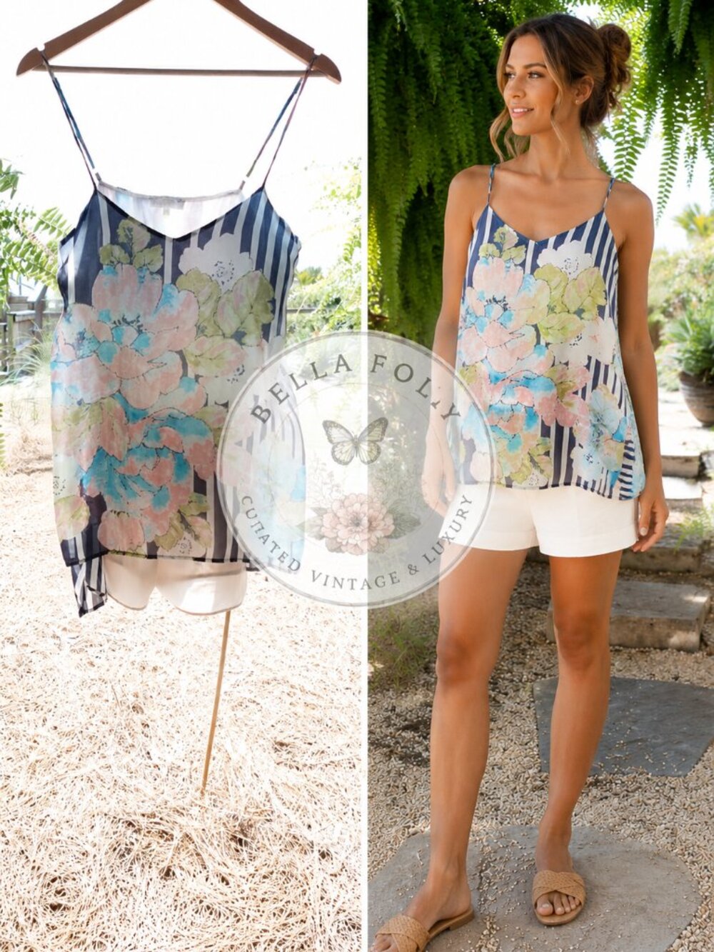 Glam Silk Romper Watercolor Floral Nautical Stripe V Neck Size Medium Lined